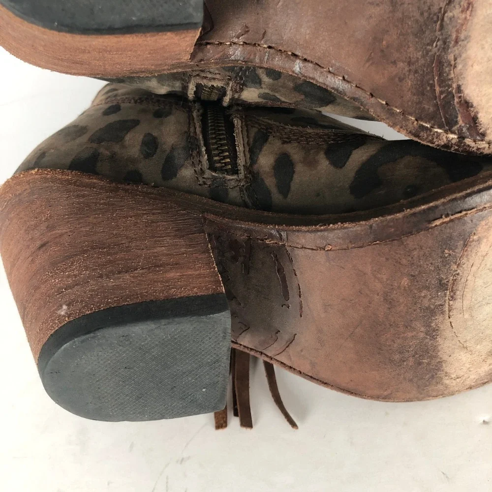 LIBERTY BLACK Leopard Print Fringe Western Ankle Boots Sz 7 Brown Leather Boho